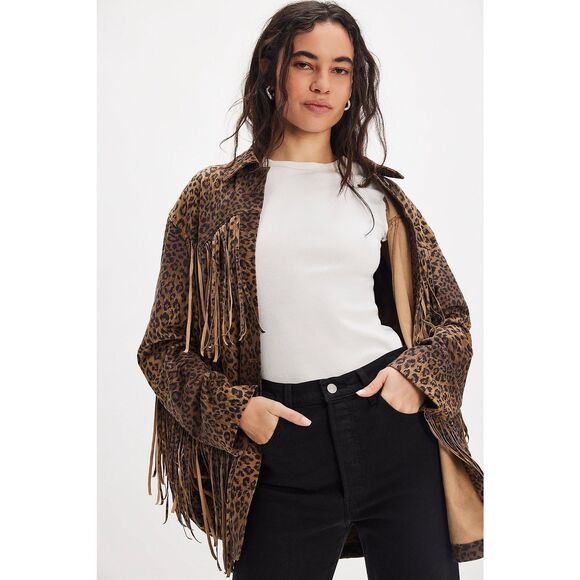 Free People We The Free Fringe Out Vegan Suede Animal Print Jacket - Picture 1 of 7